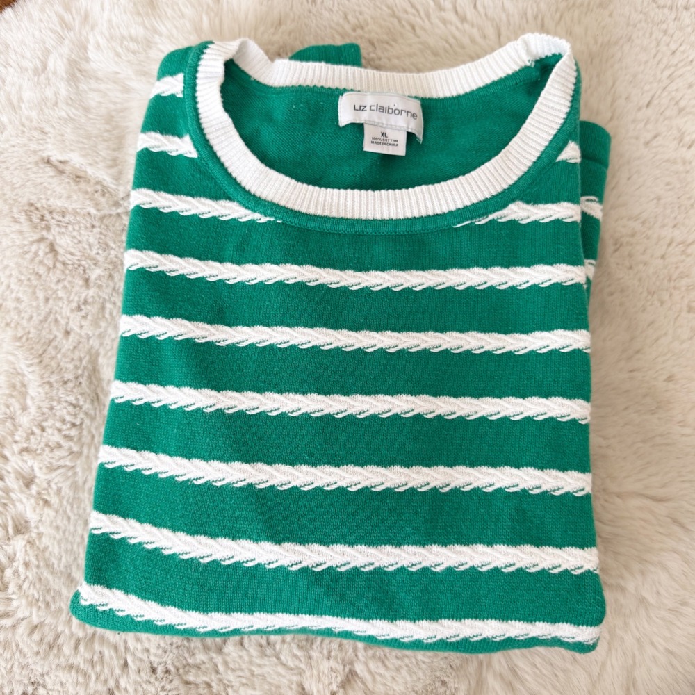 Vintage Liz Claiborne Textured Sweater Green White Cable Stripe CrewNeck Size XL